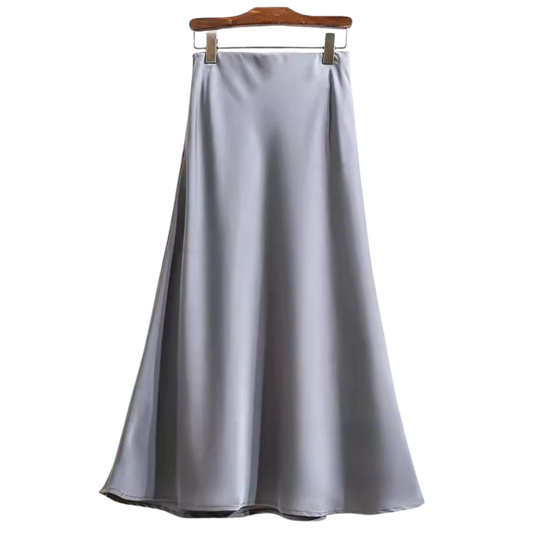 Dame fishtail polyester satin nederdel, elegant og skinnende stof, høj talje, feminint udvidet kant.