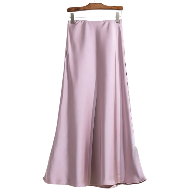 Dame fishtail polyester satin nederdel, elegant og skinnende stof, høj talje, feminint udvidet kant.