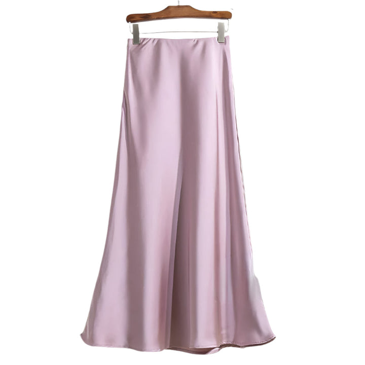 Dame fishtail polyester satin nederdel, elegant og skinnende stof, høj talje, feminint udvidet kant.