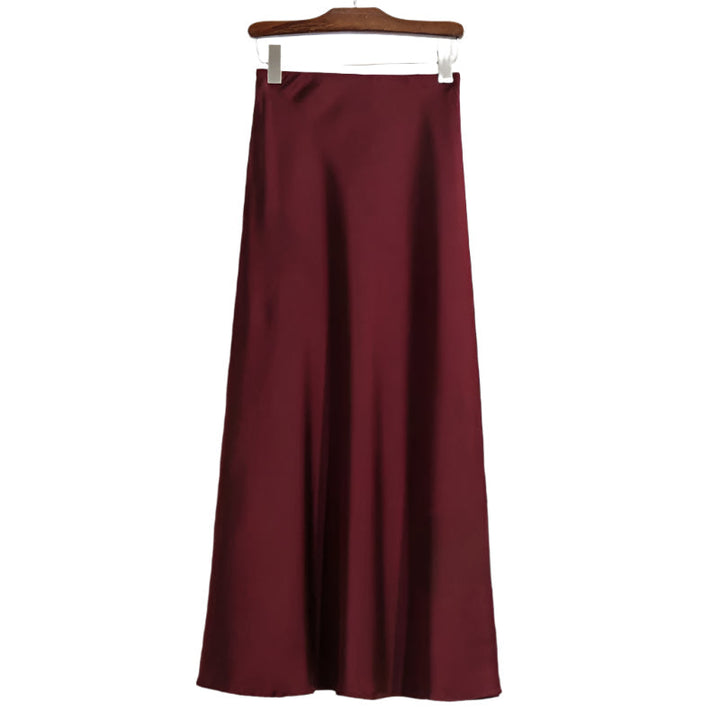 Dame fishtail polyester satin nederdel, elegant og skinnende stof, høj talje, feminint udvidet kant.