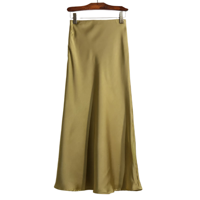 Dame fishtail polyester satin nederdel, elegant og skinnende stof, høj talje, feminint udvidet kant.