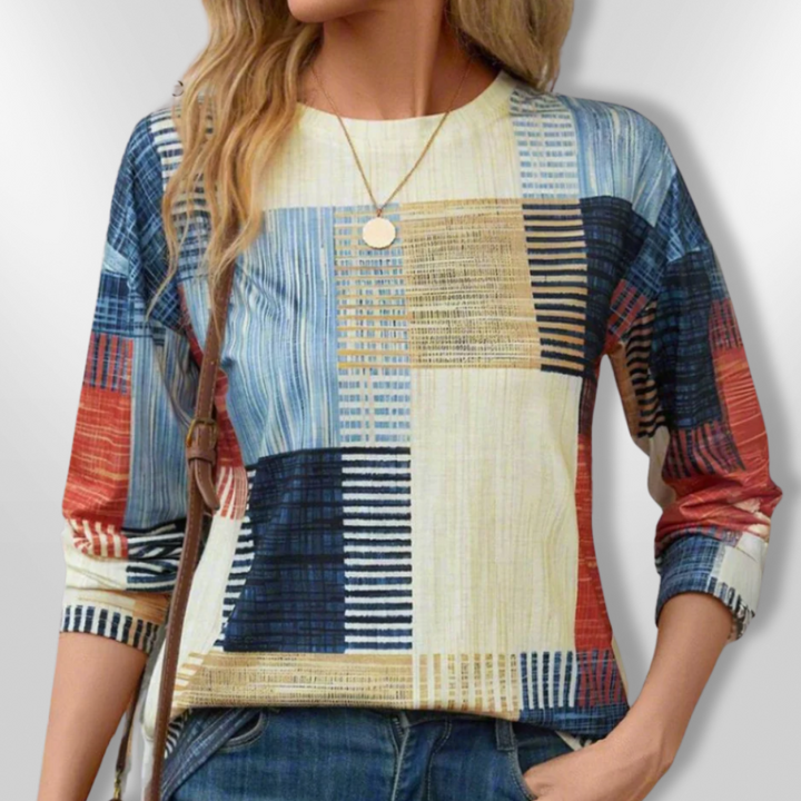 Dame T-shirt med geometrisk mønster, moderne look, blødt materiale, geometrisk print, afslappet pasform