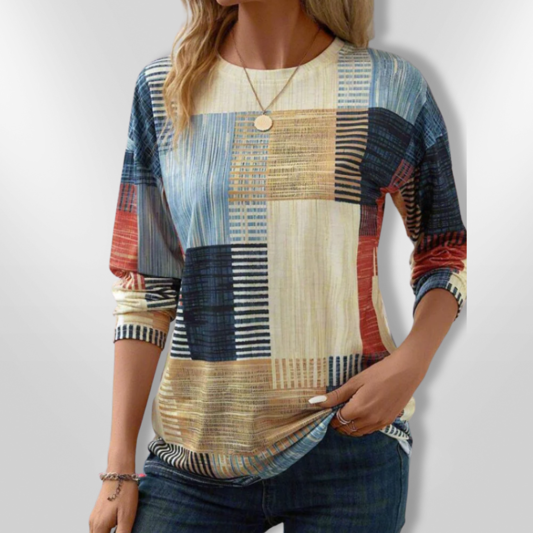 Dame T-shirt med geometrisk mønster, moderne look, blødt materiale, geometrisk print, afslappet pasform
