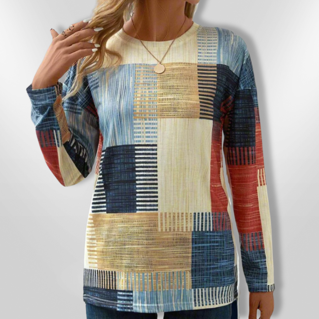 Dame T-shirt med geometrisk mønster, moderne look, blødt materiale, geometrisk print, afslappet pasform