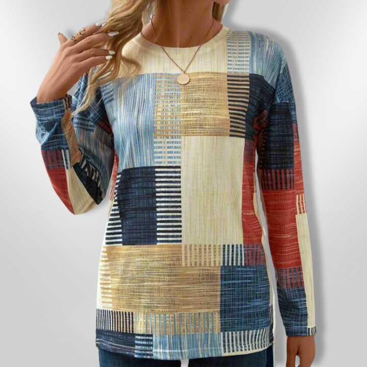 Dame T-shirt med geometrisk mønster, moderne look, blødt materiale, geometrisk print, afslappet pasform