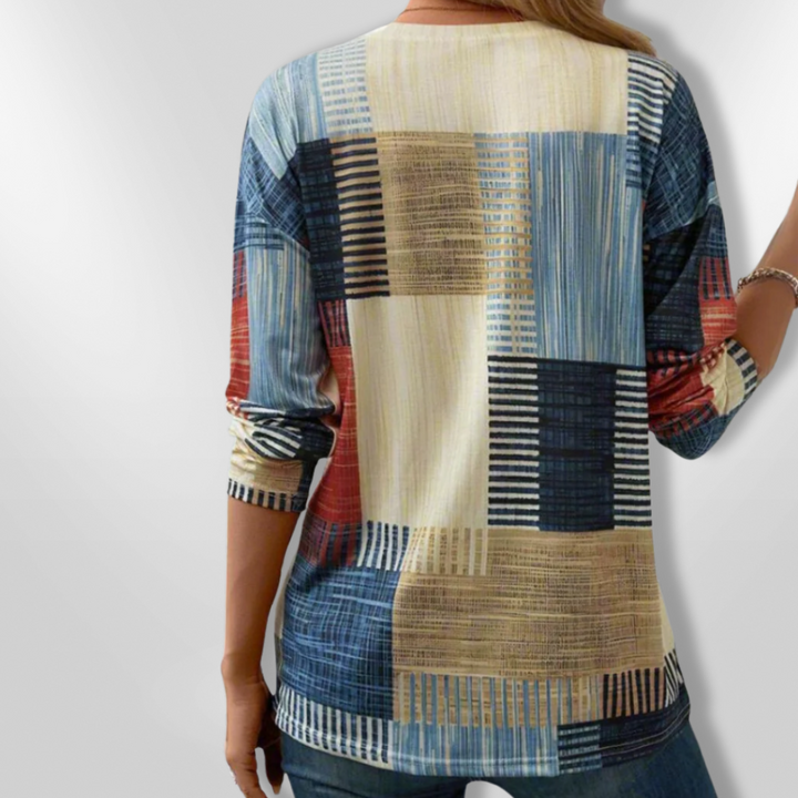 Dame T-shirt med geometrisk mønster, moderne look, blødt materiale, geometrisk print, afslappet pasform