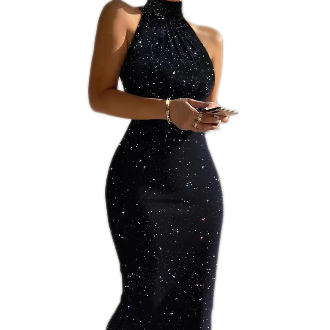 Dame glitter bodycon festkjole, glitrende, højhalset, bodycon og ærmeløs, til fest.