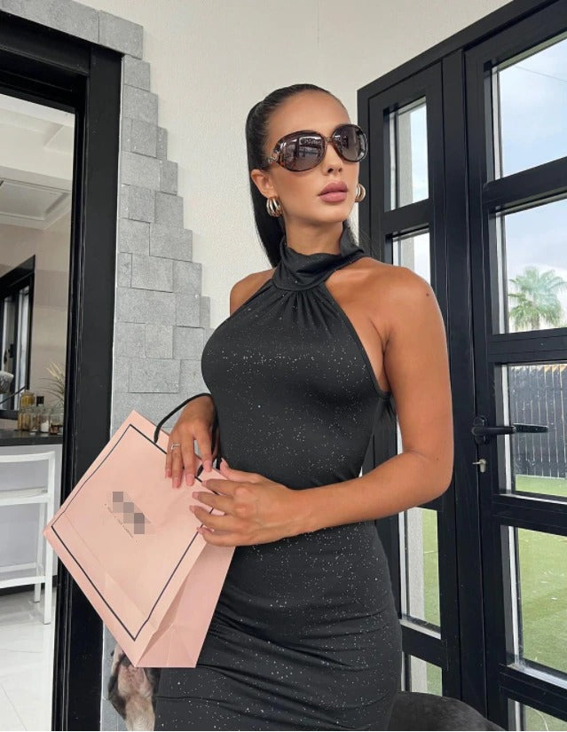 Dame glitter bodycon festkjole, glitrende, højhalset, bodycon og ærmeløs, til fest.