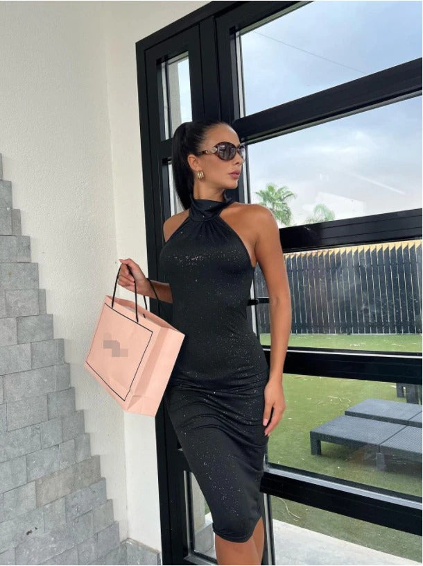 Dame glitter bodycon festkjole, glitrende, højhalset, bodycon og ærmeløs, til fest.
