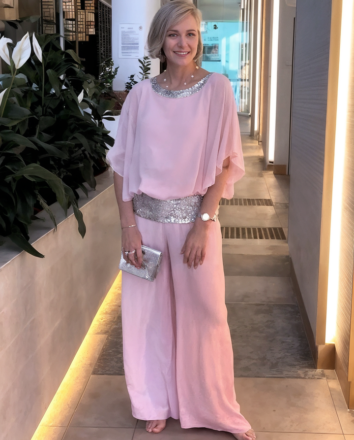 Dame glitter aftenkjole, todelt festkjole, palazzo-bukser, elegant, moderne, festtøj, selvsikker stil.