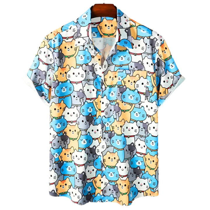 Dame åndbar T-shirt, katteprint, afslappet pasform, farverigt Meow Kingdom design, let og luftig, velegnet til hverdagsbrug.