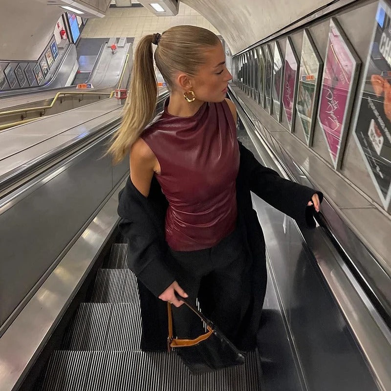 Dame ærmeløs bodycon tanktop, sort, rund hals, minimalistisk look, perfekt til afslappede og stilfulde outfits