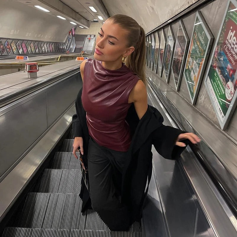 Dame ærmeløs bodycon tanktop, sort, rund hals, minimalistisk look, perfekt til afslappede og stilfulde outfits