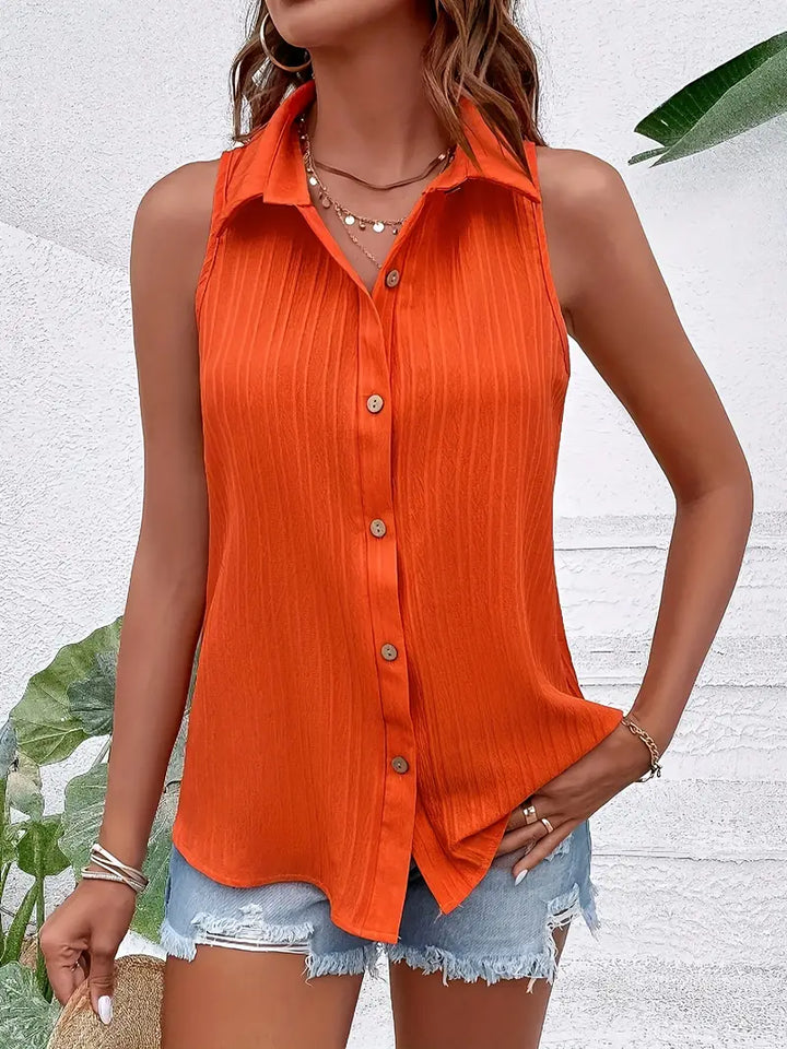 Dame ærmeløs bluse forside, afslappet og trendy design, luftig pasform, perfekt til forår og sommer.
