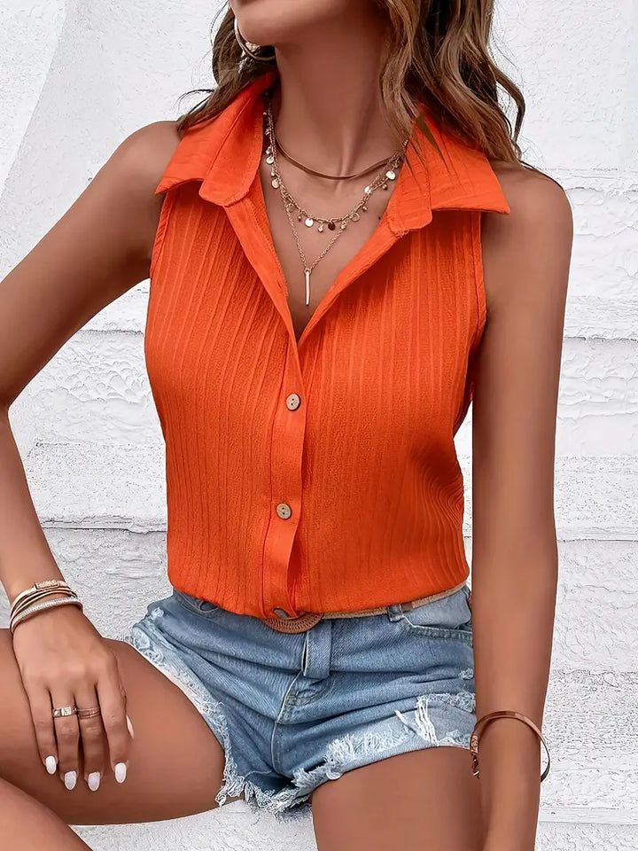 Dame ærmeløs bluse forside, afslappet og trendy design, luftig pasform, perfekt til forår og sommer.