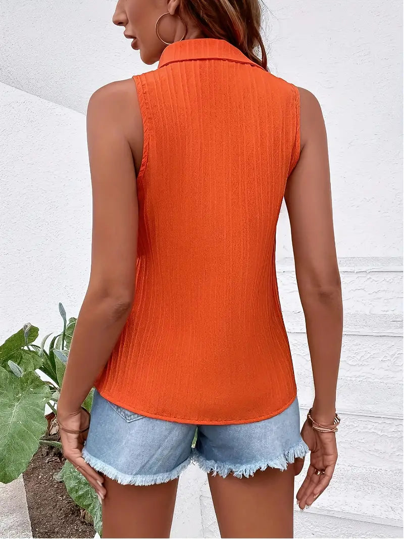 Dame ærmeløs bluse forside, afslappet og trendy design, luftig pasform, perfekt til forår og sommer.