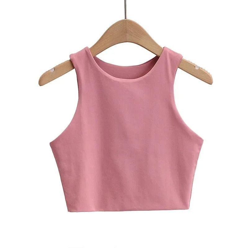 Dame tank top med O-hals, slim fit, i beige, glat stof, stilfuld og alsidig til garderoben.
