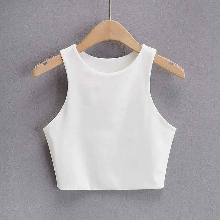 Dame tank top med O-hals, slim fit, i beige, glat stof, stilfuld og alsidig til garderoben.