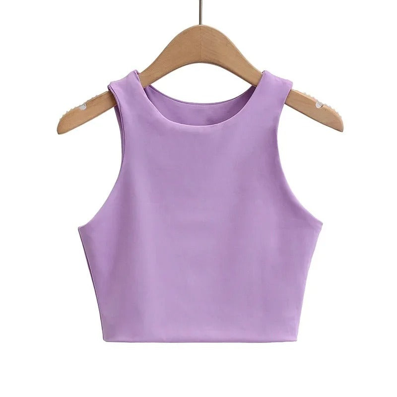 Dame tank top med O-hals, slim fit, i beige, glat stof, stilfuld og alsidig til garderoben.