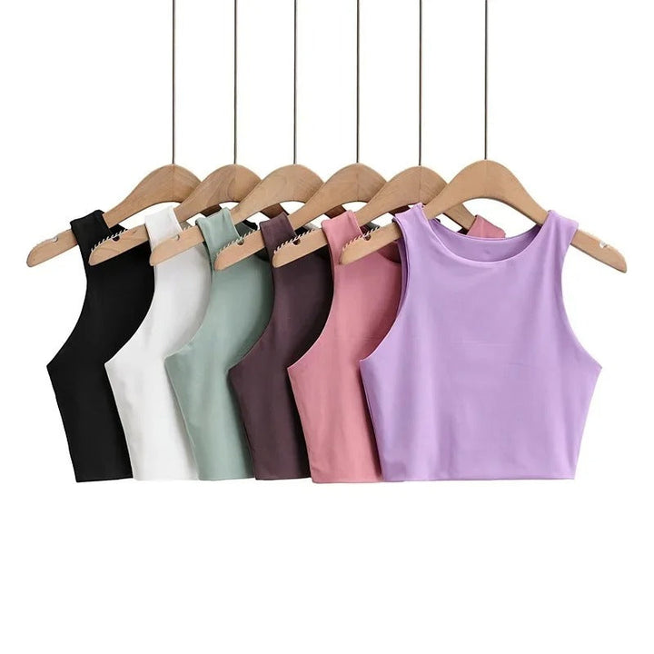Dame tank top med O-hals, slim fit, i beige, glat stof, stilfuld og alsidig til garderoben.