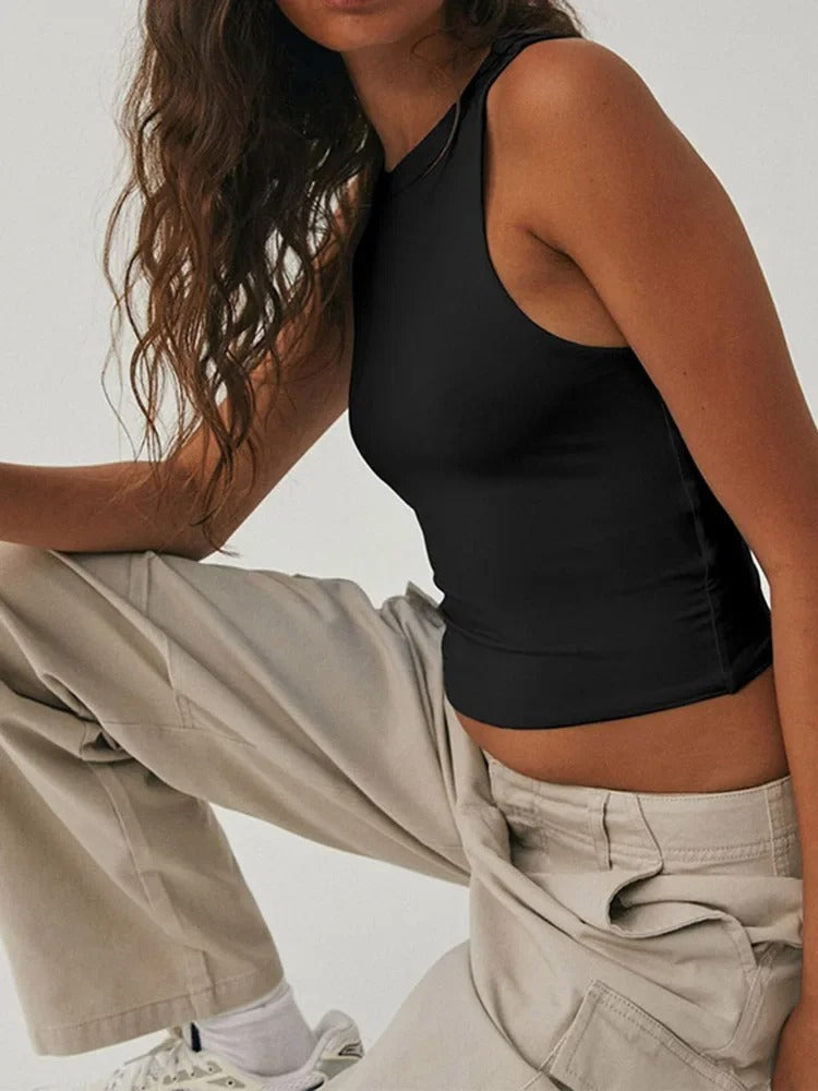 Dame ærmeløs sports top, slim fit, rund hals, elegant design, åndbar, til sport og fritid
