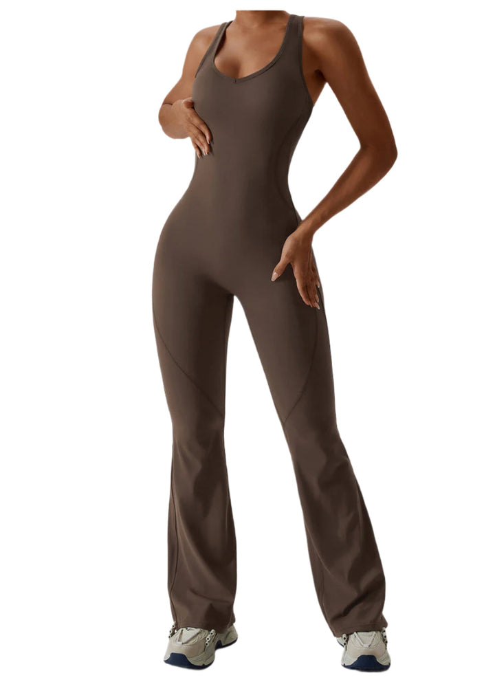 Dame jumpsuit med V-udskæring, formet, brun, tætsiddende silhuet, udtryksfuld og trendy til aktiv brug.