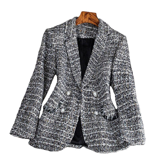Dame dobbeltspændt blazer i tweed med skræddersyet pasform, stilfuld og elegant outfit til arbejde og aftenarrangementer.