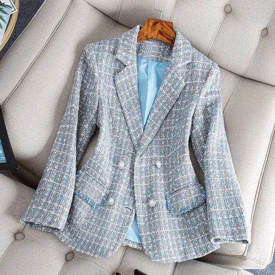 Dame dobbeltspændt blazer i tweed med skræddersyet pasform, stilfuld og elegant outfit til arbejde og aftenarrangementer.