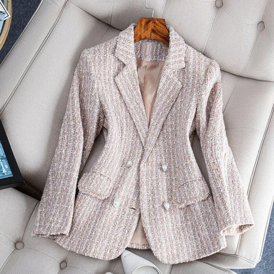 Dame dobbeltspændt blazer i tweed med skræddersyet pasform, stilfuld og elegant outfit til arbejde og aftenarrangementer.