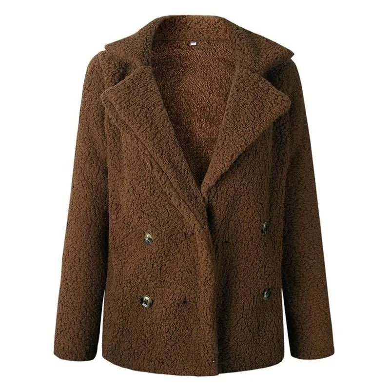 Naisten kaksirivinen muhkea Teddy-takki, pehmeä tekoturkis, oversize-tyyli, nappikiinnitys, lämpö talvitakki.