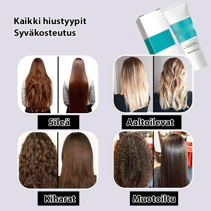 "Naisten keratiinihoito-kerma, kauniin sileä lopputulos, korkea kosteutus, 3 min vaikutusaika, pitkäkestoinen suoristus."