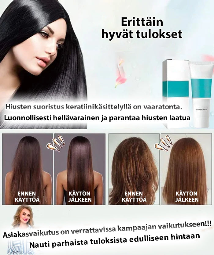 "Naisten keratiinihoito-kerma, kauniin sileä lopputulos, korkea kosteutus, 3 min vaikutusaika, pitkäkestoinen suoristus."