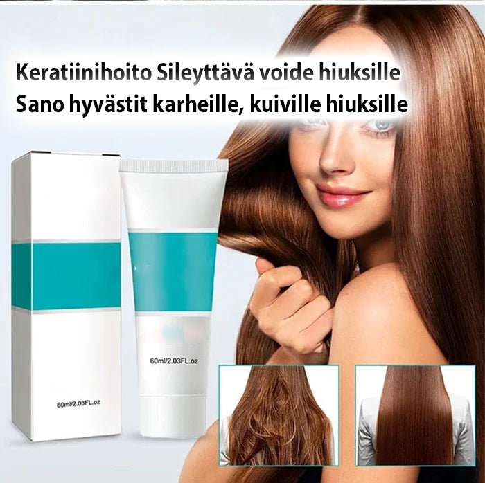 "Naisten keratiinihoito-kerma, kauniin sileä lopputulos, korkea kosteutus, 3 min vaikutusaika, pitkäkestoinen suoristus."