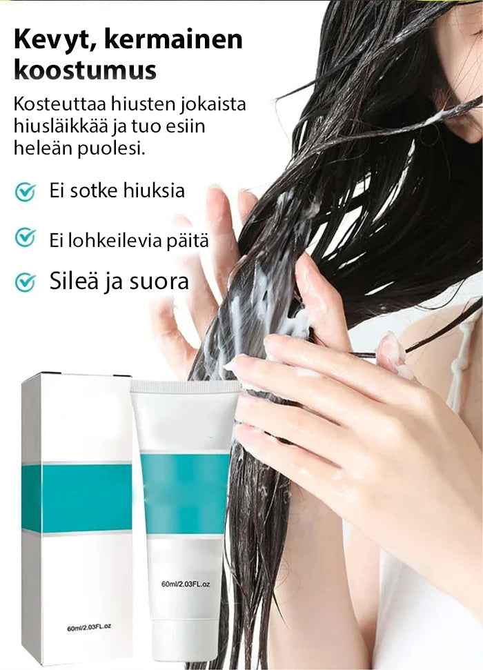 "Naisten keratiinihoito-kerma, kauniin sileä lopputulos, korkea kosteutus, 3 min vaikutusaika, pitkäkestoinen suoristus."