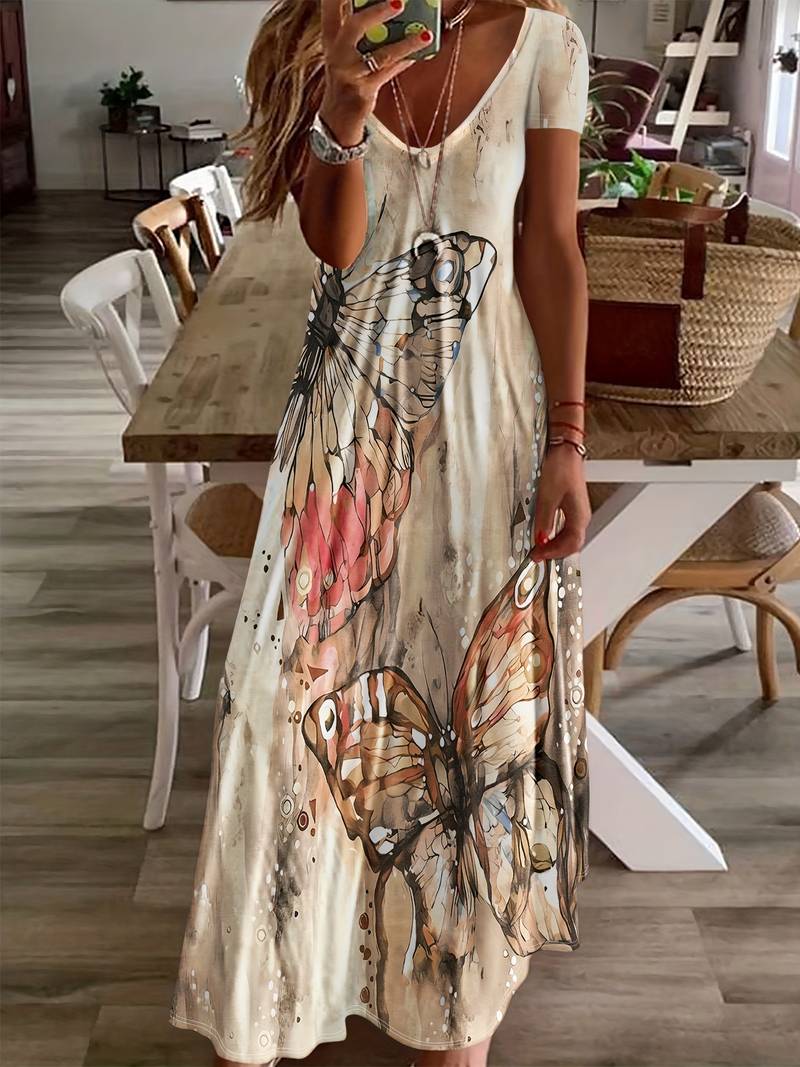Dame sommerkjole med V-udskæring, sommerfuglprint, let og elegant til sommerfester, blød og nem at pleje.
