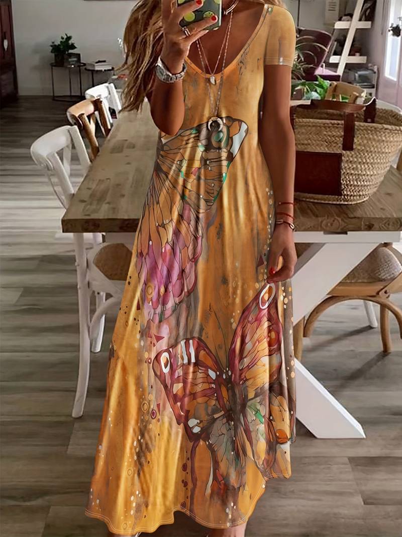 Dame sommerkjole med V-udskæring, sommerfuglprint, let og elegant til sommerfester, blød og nem at pleje.
