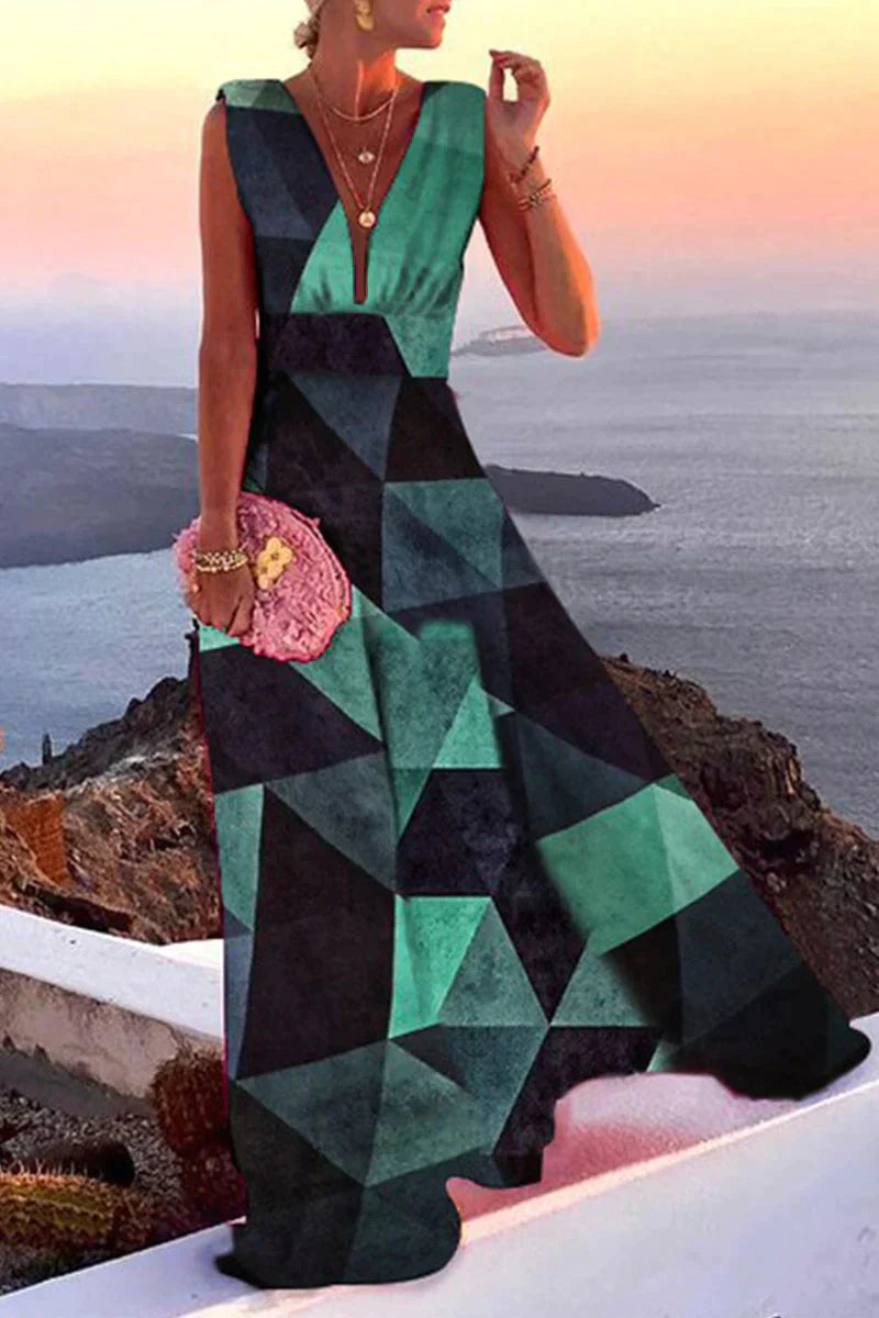 Dame sommerkjole, alsidige print, A-linje, let materiale, levende farver, sommerlig elegance, havefester.