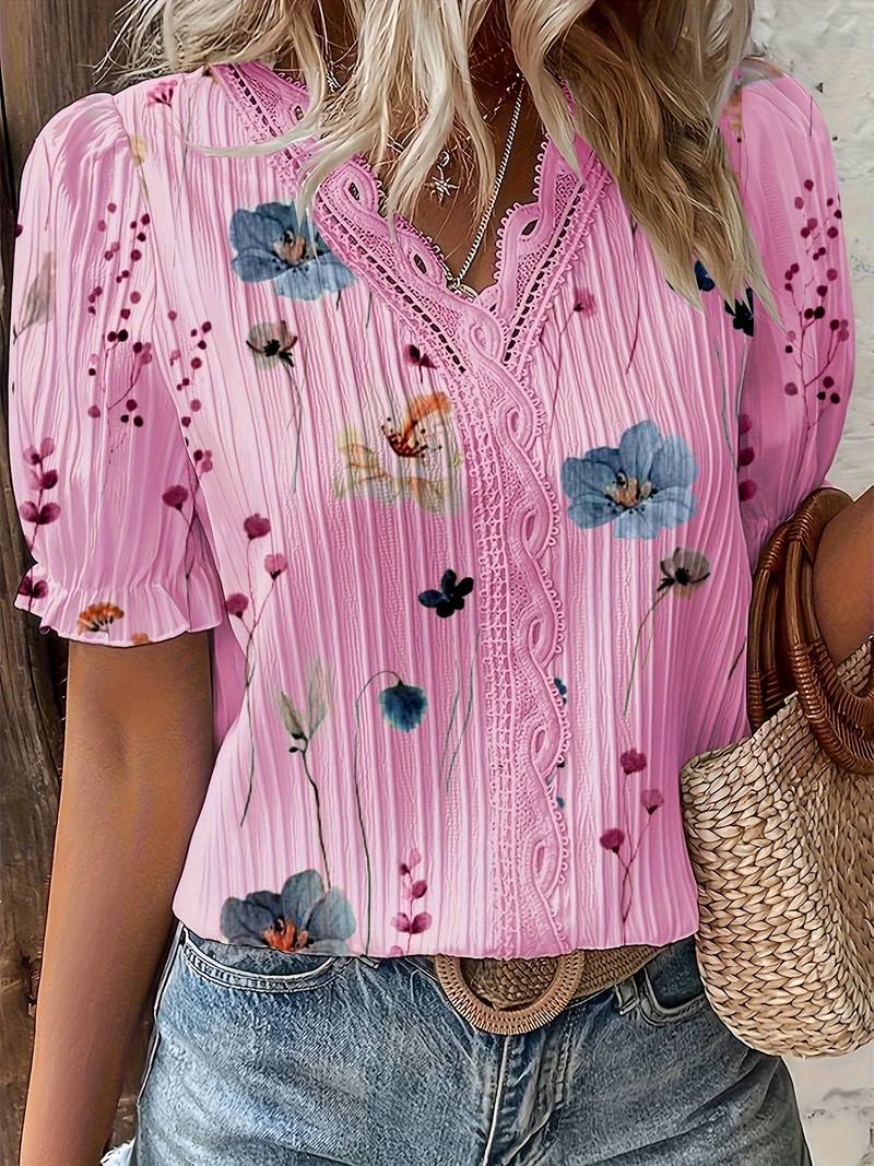Damebluse, hot pink, let V-hals, elegant og luftig, perfekt til foråret.
