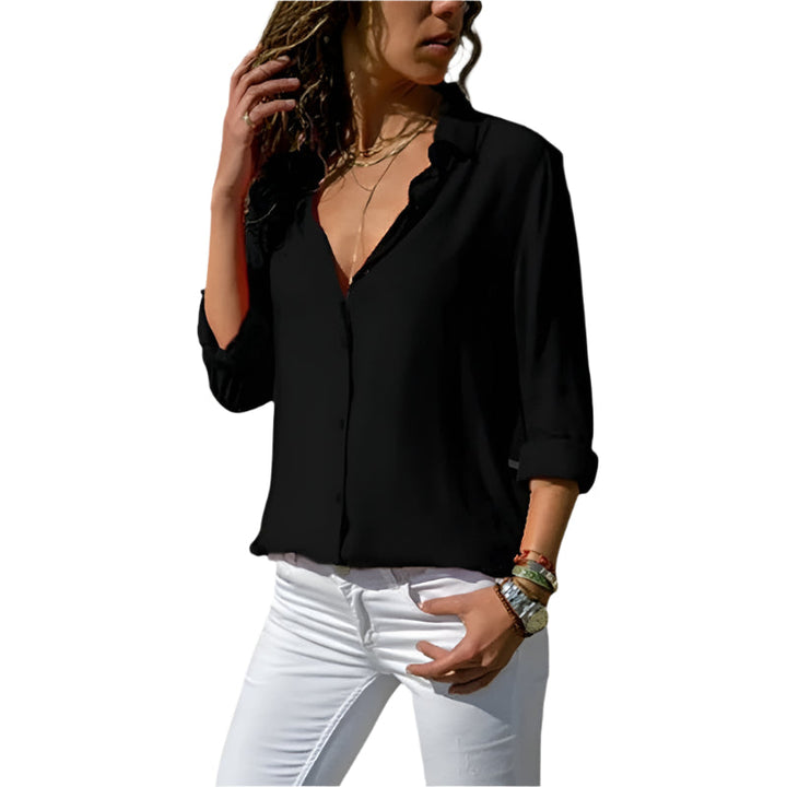 Dame chiffonbluse med V-hals, lange ærmer, let og elegant, perfekt til hverdags- og festtøj.