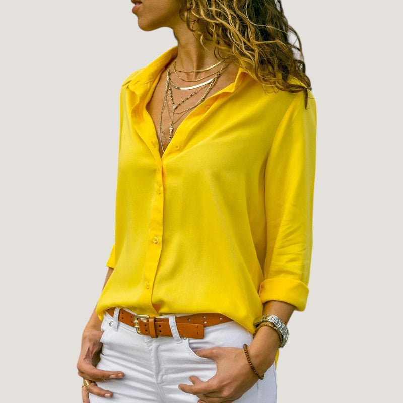 Dame chiffonbluse med V-hals, lange ærmer, let og elegant, perfekt til hverdags- og festtøj.