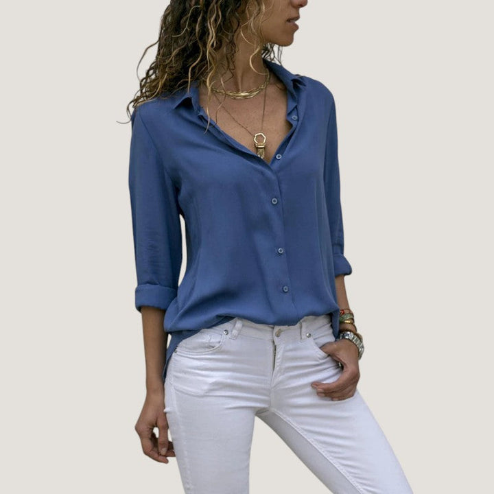 Dame chiffonbluse med V-hals, lange ærmer, let og elegant, perfekt til hverdags- og festtøj.