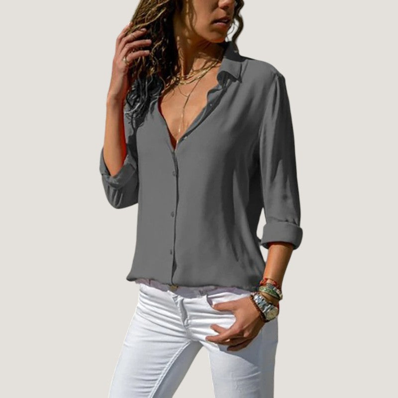 Dame chiffonbluse med V-hals, lange ærmer, let og elegant, perfekt til hverdags- og festtøj.