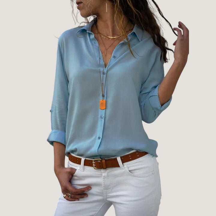 Dame chiffonbluse med V-hals, lange ærmer, let og elegant, perfekt til hverdags- og festtøj.