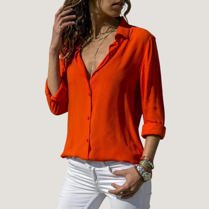 Dame chiffonbluse med V-hals, lange ærmer, let og elegant, perfekt til hverdags- og festtøj.