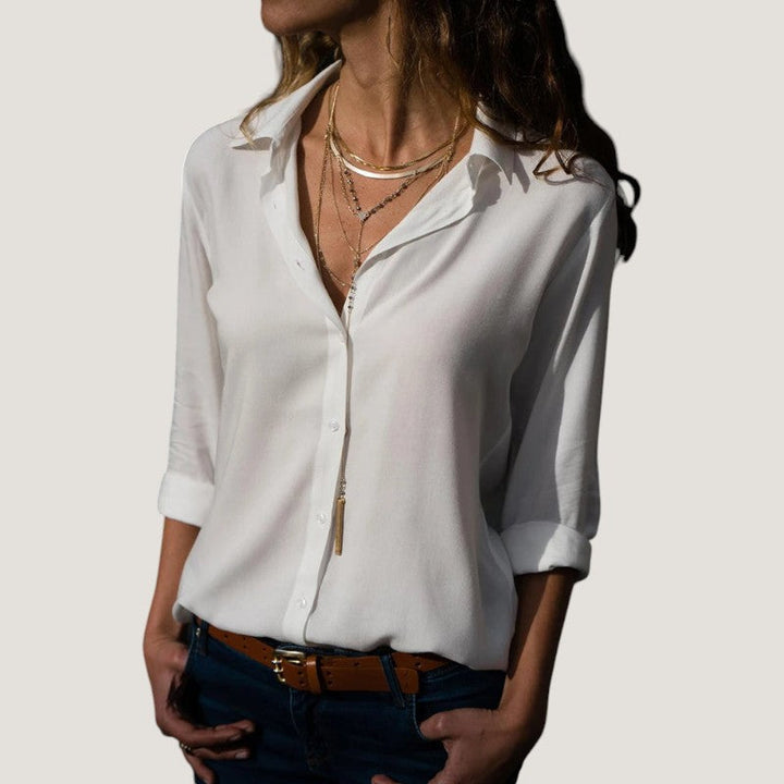 Dame chiffonbluse med V-hals, lange ærmer, let og elegant, perfekt til hverdags- og festtøj.