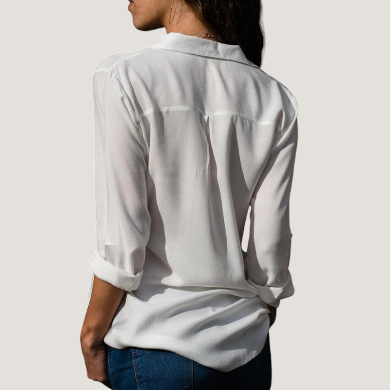 Dame chiffonbluse med V-hals, lange ærmer, let og elegant, perfekt til hverdags- og festtøj.