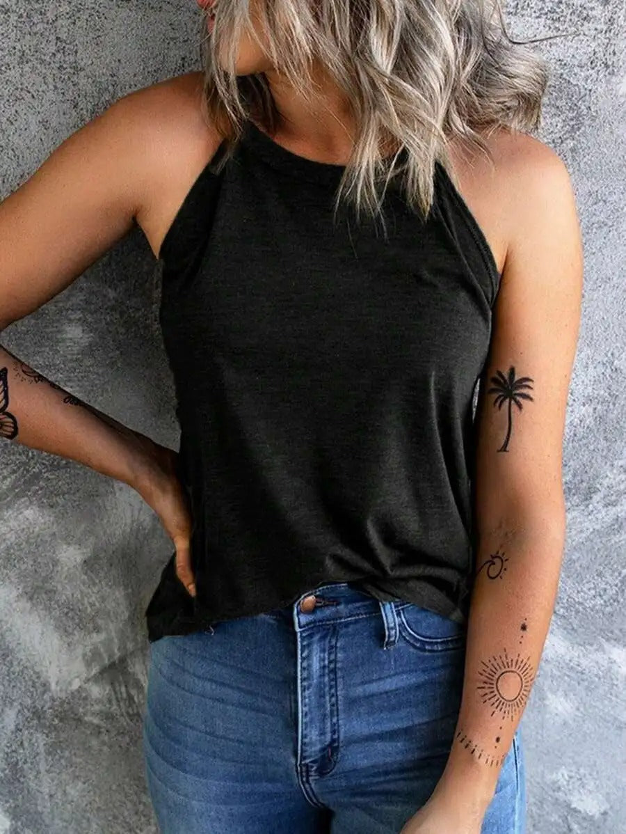 Dame letækket halterneck tanktop, slim fit, flere farver, åndbar og stilfuld, perfekt til sport og hverdagsbrug.