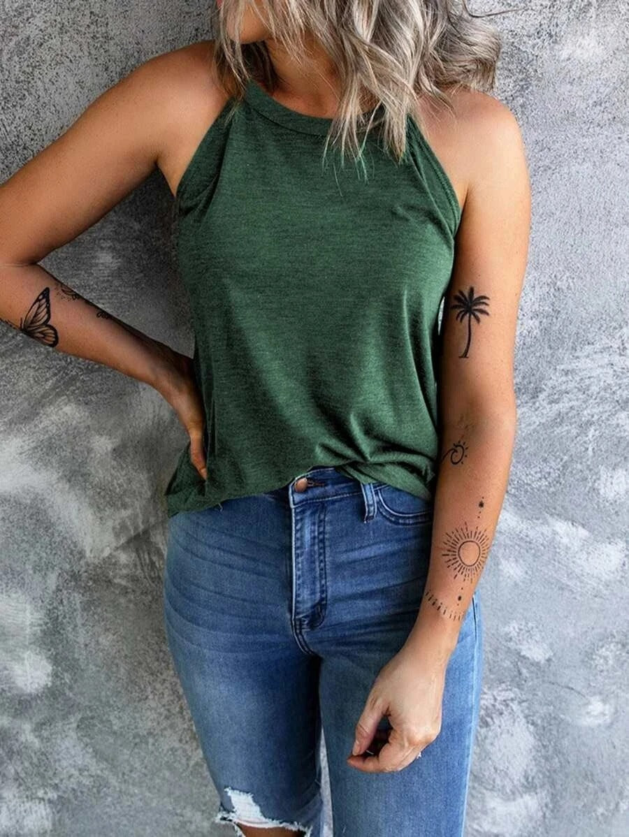 Dame letækket halterneck tanktop, slim fit, flere farver, åndbar og stilfuld, perfekt til sport og hverdagsbrug.