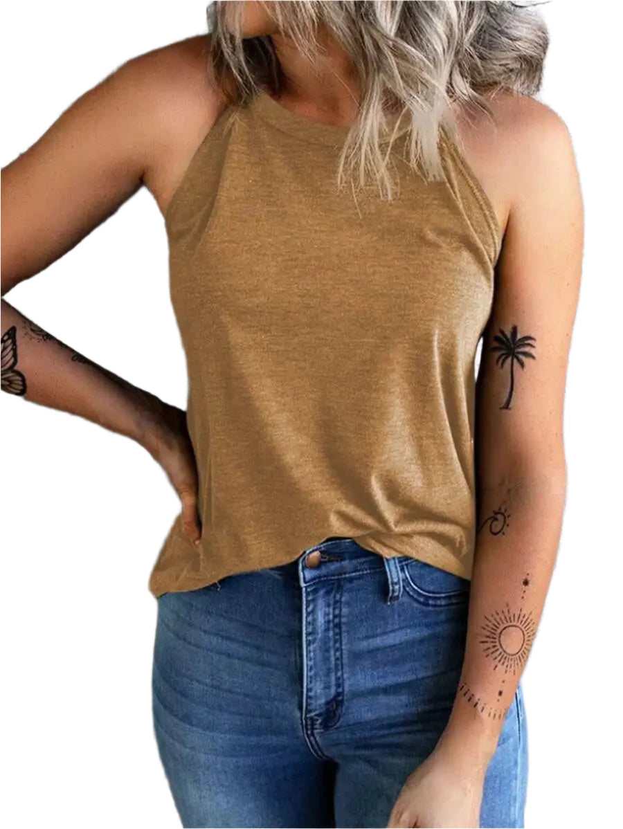 Dame letækket halterneck tanktop, slim fit, flere farver, åndbar og stilfuld, perfekt til sport og hverdagsbrug.