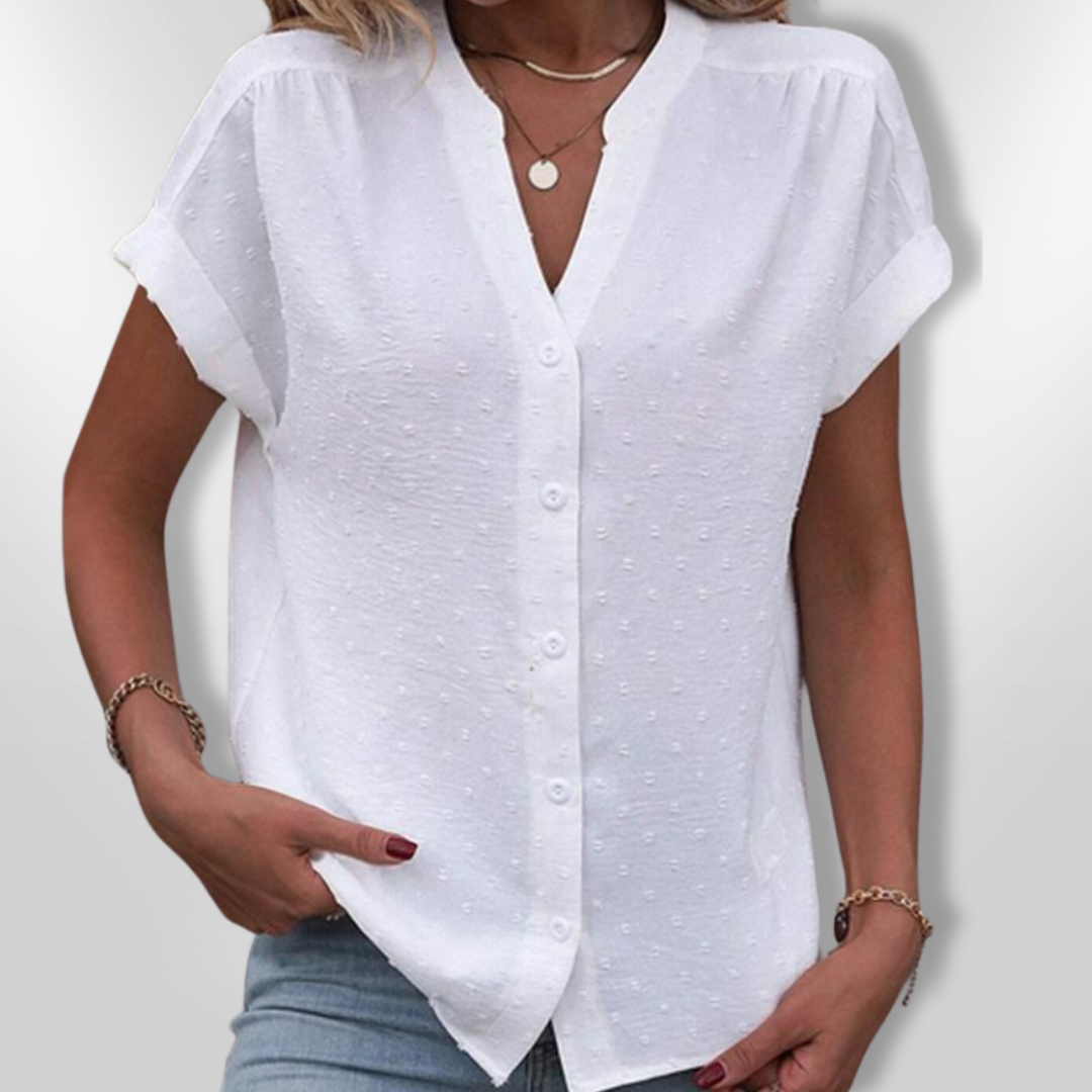 Dame let klassisk V-hals bluse, stilfuld elegance, afslappet pasform.